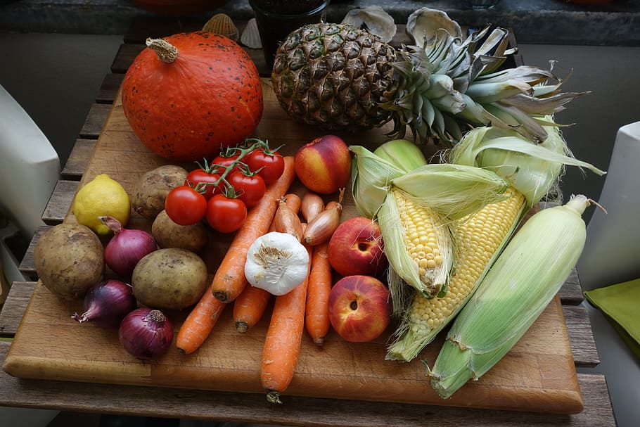 photography, variety, fruits, roughage, fruit and vegetables, thanksgiving, purchasing, vegetable crate, corn, harvest