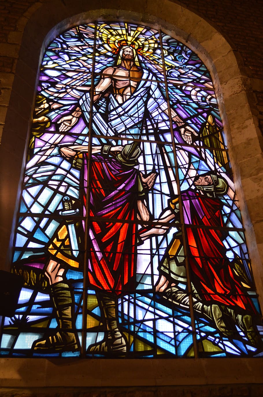 stained glass, window, church, faith, color, christian, jesus, resurrection, soldiers, romans