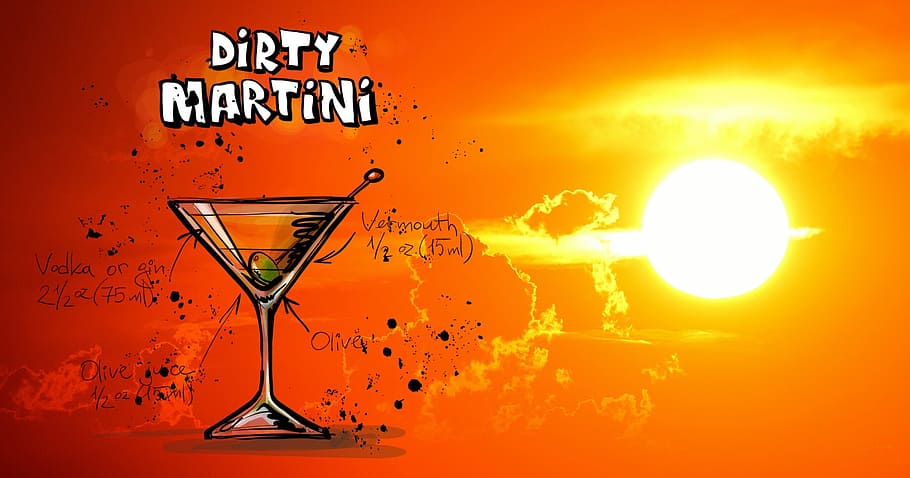 claro, ilustración de copa de martini, martini sucio, cóctel, bebida, puesta de sol, alcohol, receta, fiesta, alcohólico