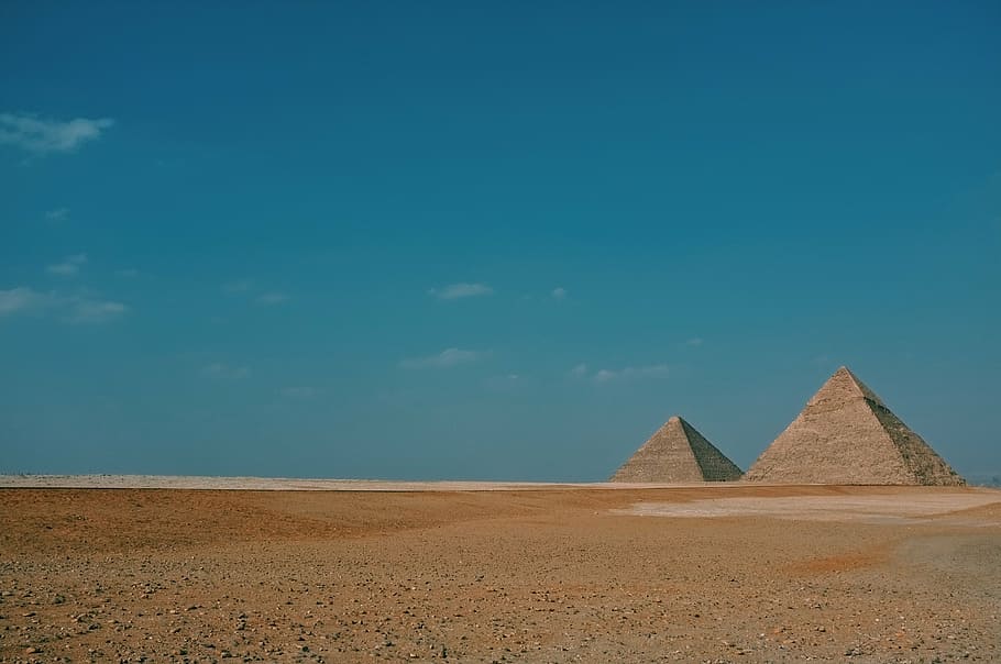ピラミッド, ギザ, エジプト, フィールド, 砂漠, 風景, 地平線, 青, 空, カイロ