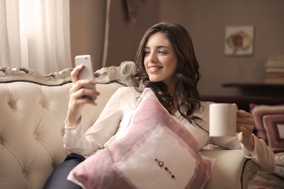pretty, woman, smile, couch, home, house, coffee, mobile, phone, device