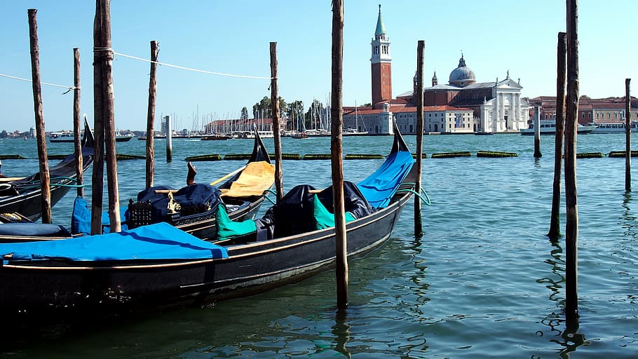 negro, canoa, cuerpo, agua, lejos, edificio, azul, cielo, Venecia, góndola