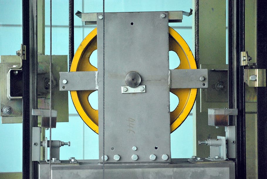 yellow, grey, elevator, lifting, mechanism, pulley, wheels, gears, workings, industrial