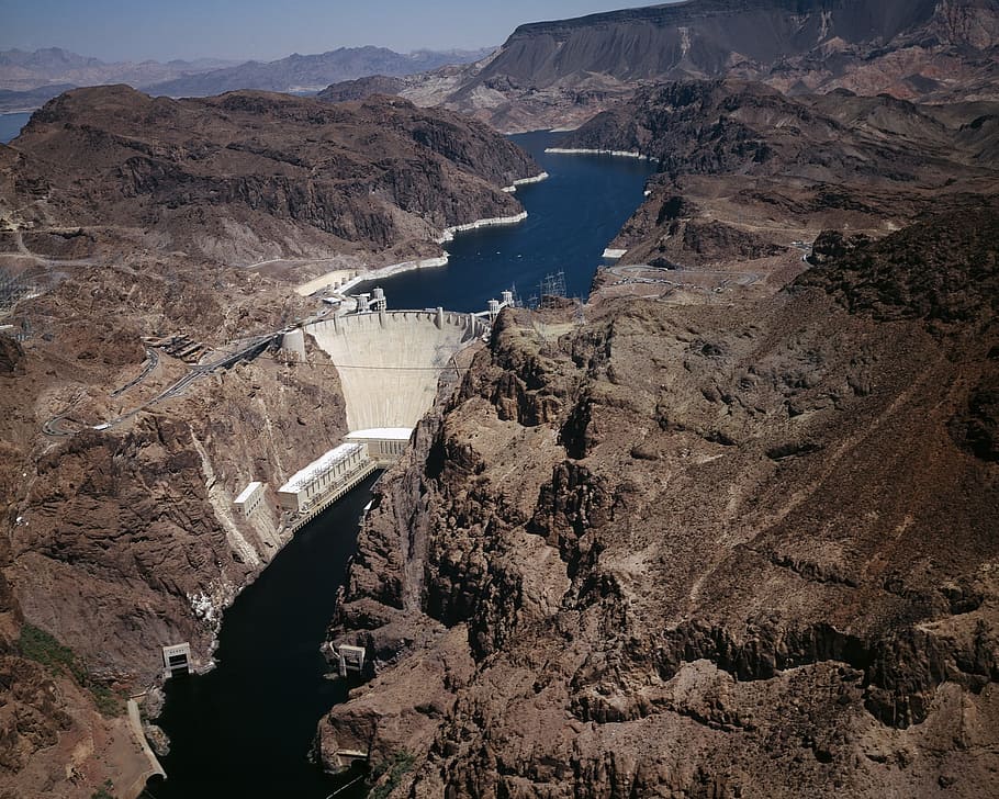 aéreo, foto, Represa Hoover, Lago Mead, Mead, Colorado, Rio Colorado, desfiladeiro, paisagem, cênico