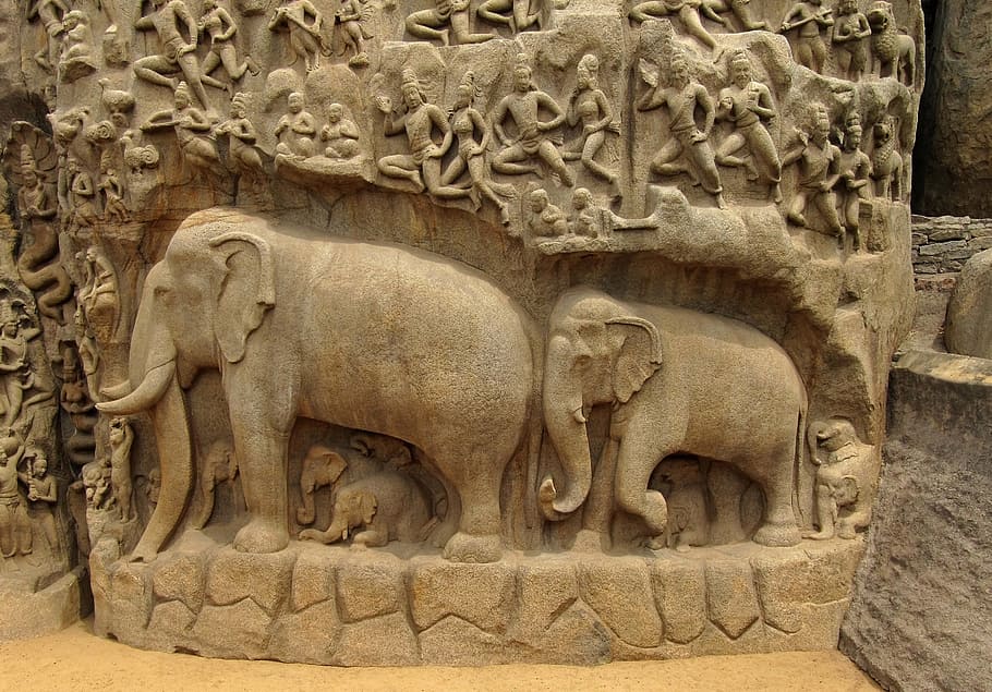 dos, decoración de recorte de elefante, elefantes, bajorrelieve, indio, monumento, cultural, al aire libre, leyenda, antigua