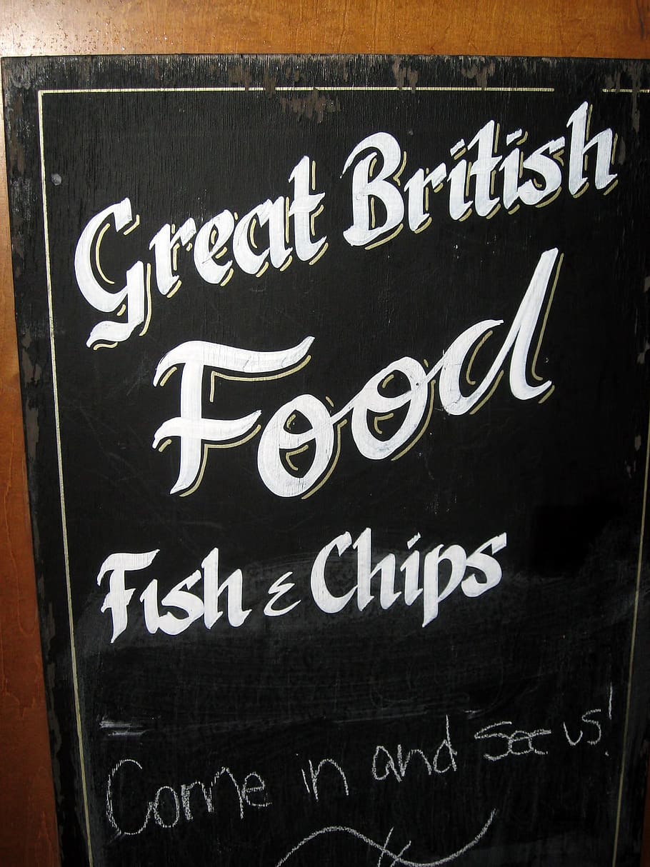 fish and chips, billboard, restaurant, pub, london, text, western script, communication, blackboard, board
