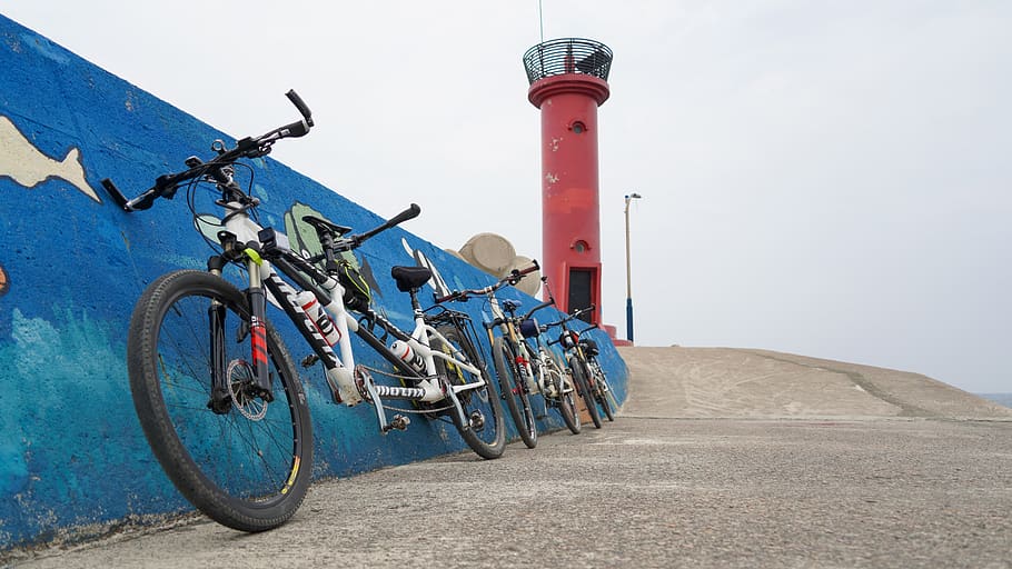 bicicleta, faro, vacaciones, costa, bicicleta tándem, 2 bicicletas, equitación, mar, transporte, naturaleza