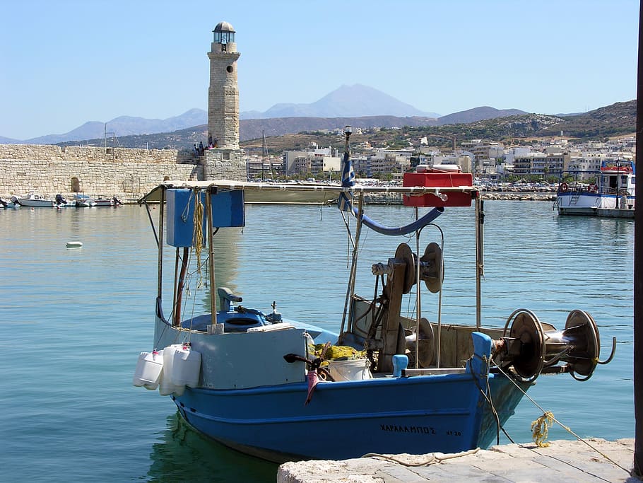 Barco, Pesca, Barco de pesca, Grécia, Creta, Heraklion, torre de vigia, embarcação náutica, água, montanha