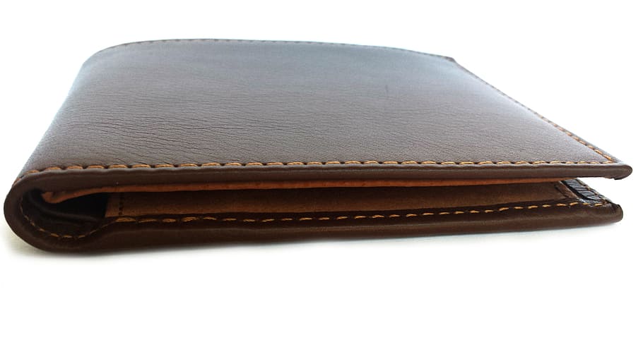 brown bifold wallet, brown, wallet, portfolio, leather, money, white background, studio shot, close-up, day