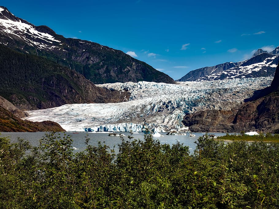 top, view, mountain, coated, snow, body, water, mendenhall glacier, alaska, ice