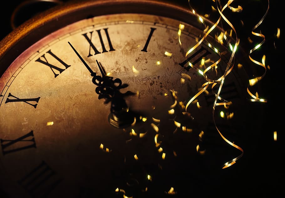 relógio, ano novo, 2020, comemorar, ano, sorte, feliz, tempo, ouro, noite