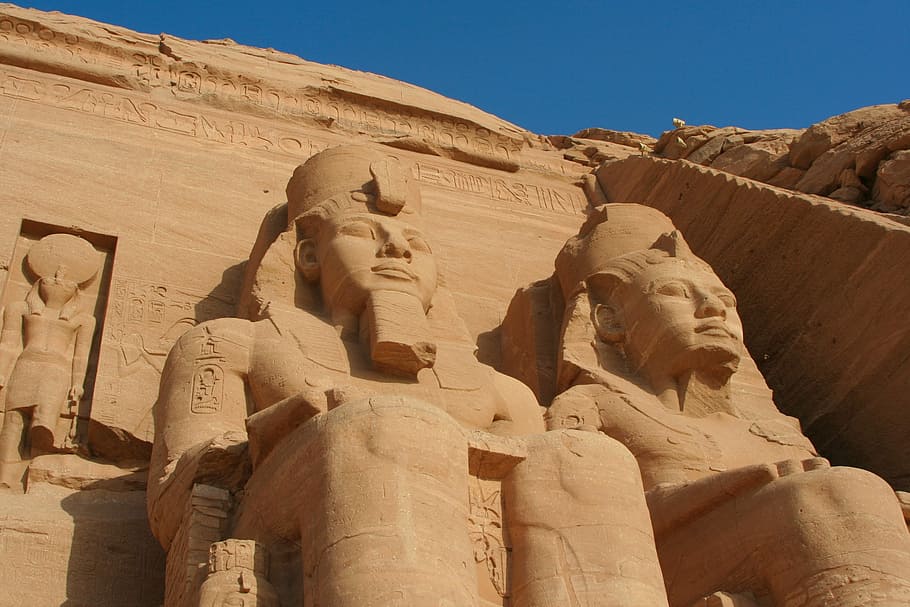 Egito, Aswan, Abu Simbel, Nilo, rio, templo, ruínas, antigo, céu azul, faraó