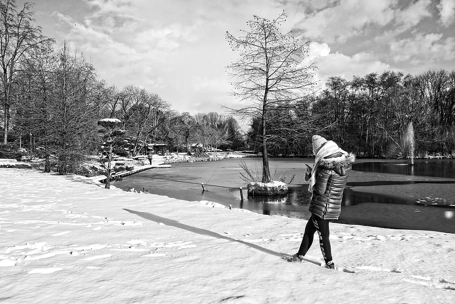 woman, standing, tree, person, snow, winter, pond, fountain, park, landscape