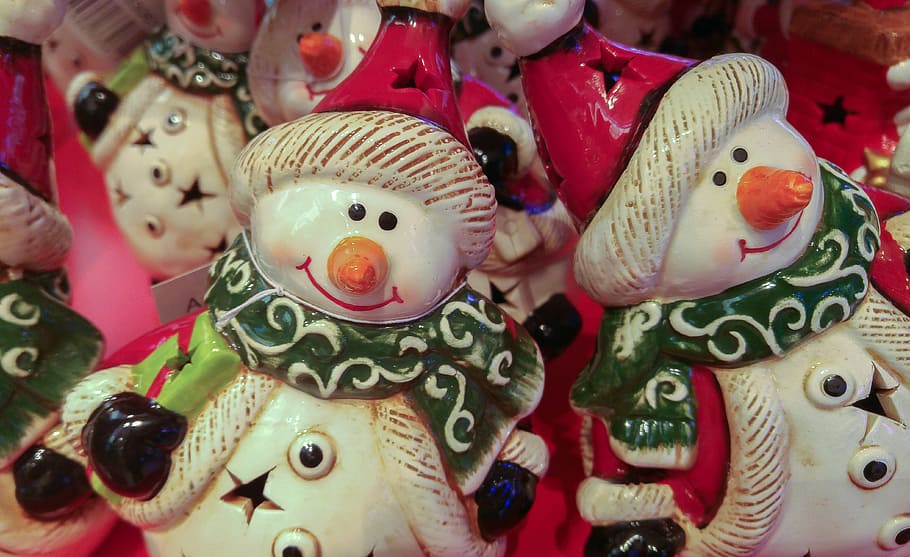 snowman ceramic figurines, decoration, christmas, trinket, holidays, celebration, cultures, close-up, indoors, tradition
