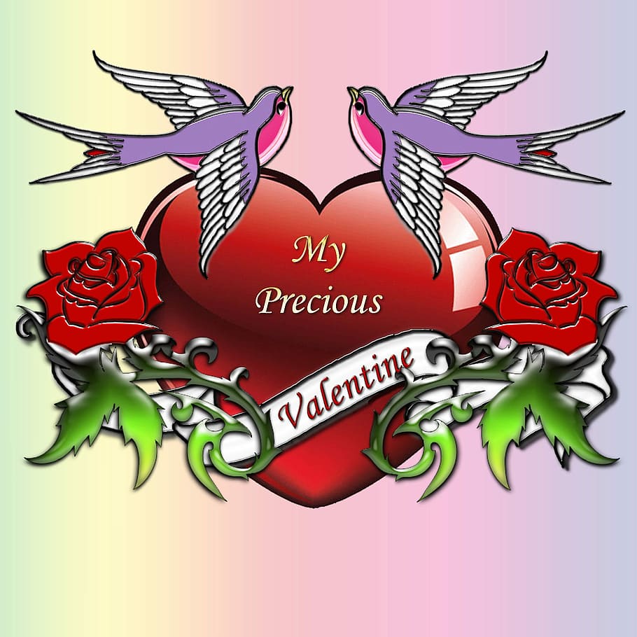 precious, valentine heart, two, swallows, Heart, birds, photos, love, public domain, rose