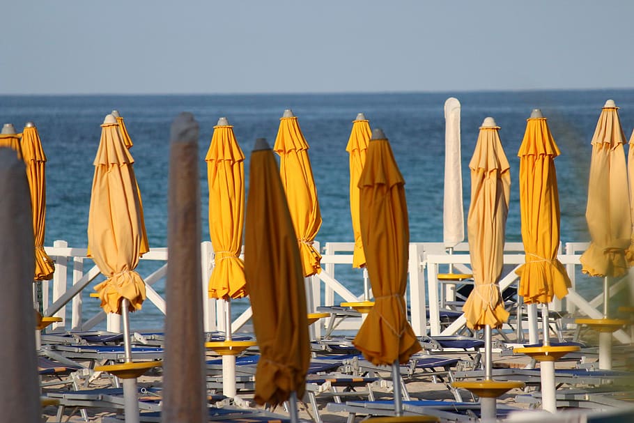 Umbrellas, Beach, Sea, Yellow, summer, sky, blue, lido, holiday, water