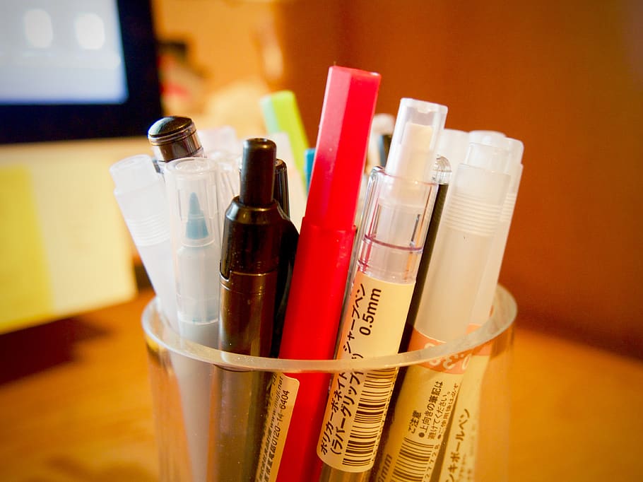 bolígrafos, lápices, marcadores, papelería, negocios, oficina, Contenedor, interior, cuidado de la salud y medicina, botella