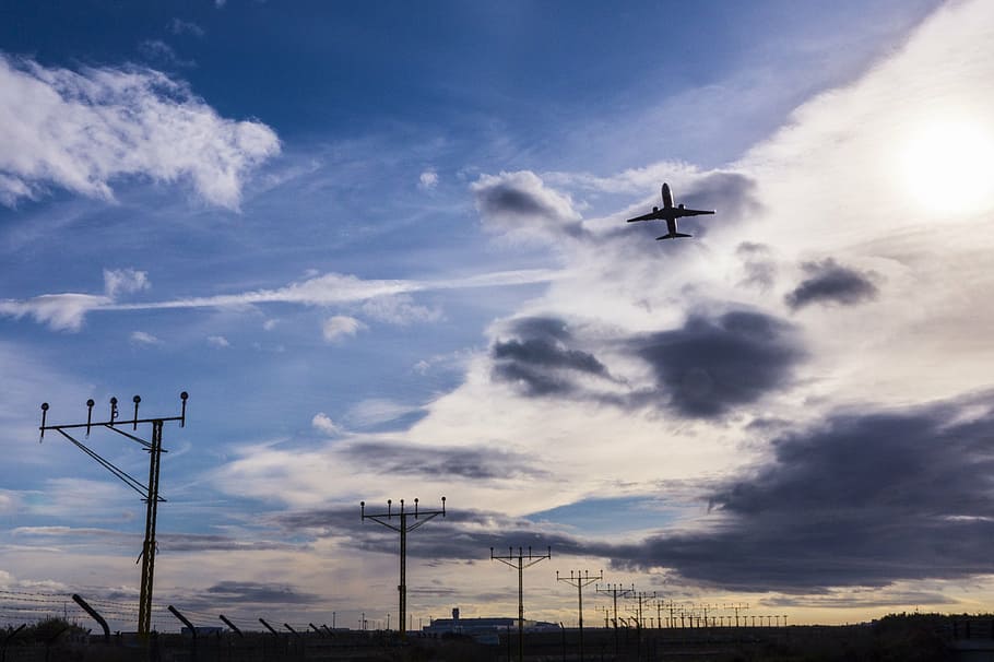 malaga airport, pablo ruiz picasso, dawn, aircraft, take off, takeoff, blue, clouds, sky, andalusia