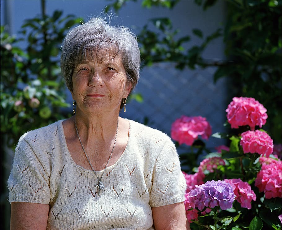 woman, wearing, white, knitted, blouse, pink, flowers, granny, elder, flower