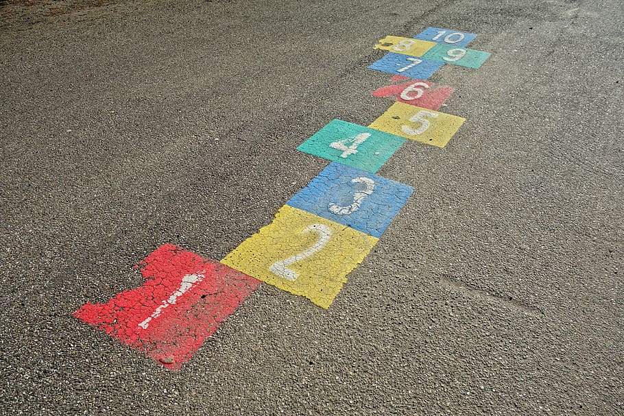 multicolored, number, concrete, road, digits, sign, symbol, game, square, colored square