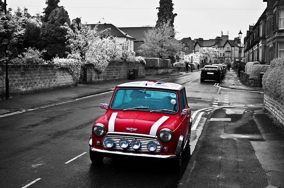 selective, color photo, red, parked, side, road, selective color, Mini Cooper, on the side of the road, car