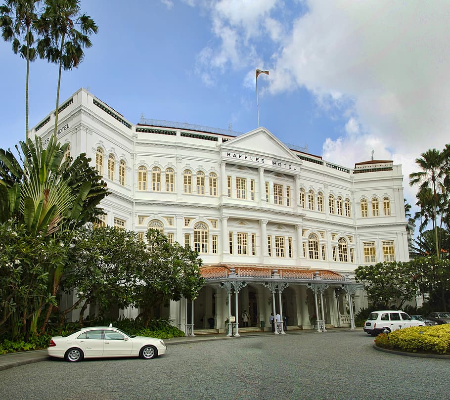 white, sedan, parked, concrete, house, Singapore, Raffles, Landmark, Travel, famous