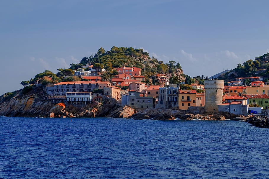 village, across, ocean, clear, blue, sky, island of elba, mediterranean, tuscan archipelago, italy