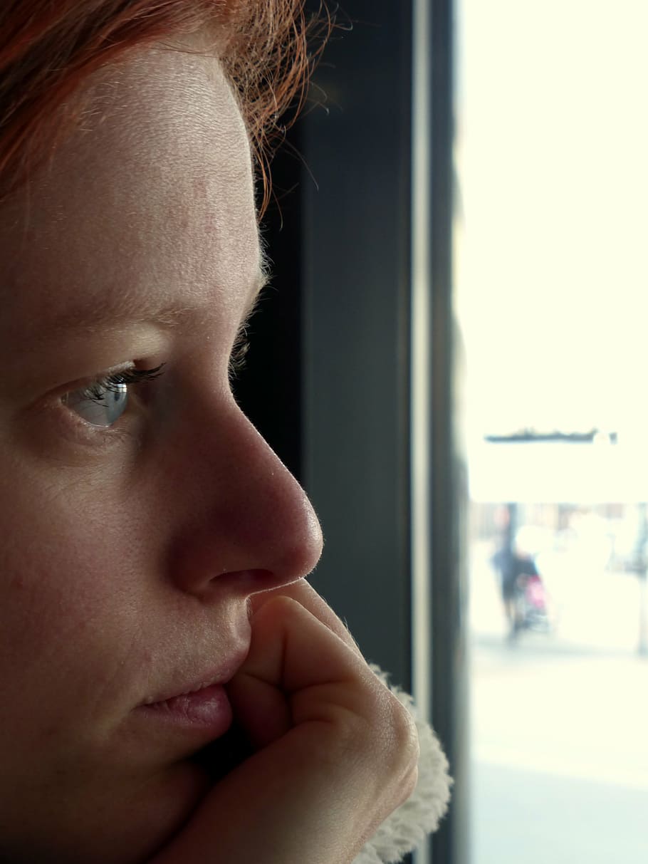 glance, staring, girl, think, blue eyes, people, one Person, women, window, looking Through Window