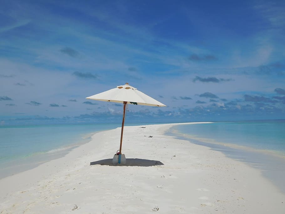 white, brown, folding, umbrella, beach, parasol, shore, sea, island, landscape