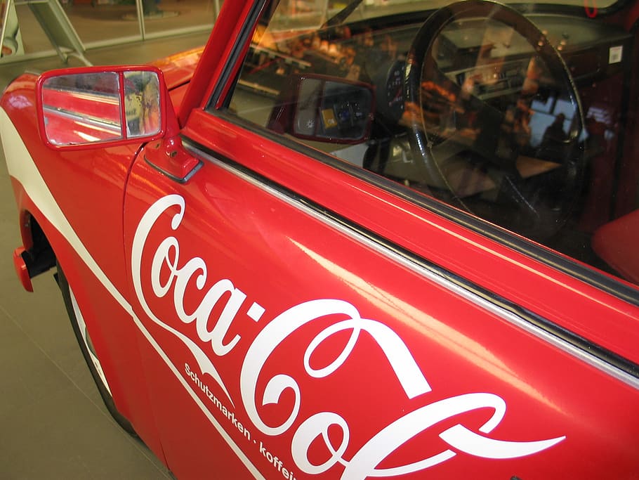 red coca-cola car, satellite, trabi, auto, vehicle, automotive, old, small car, history, divided germany