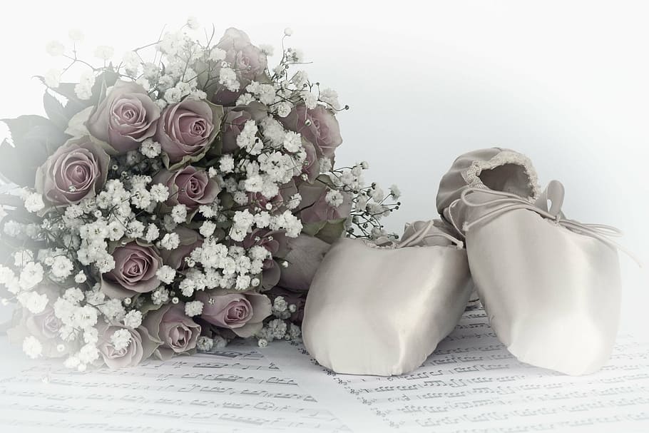 pair, white, ballet shoes, pink, petaled flower, dance, roses, bouquet of roses, gypsophila, flowers