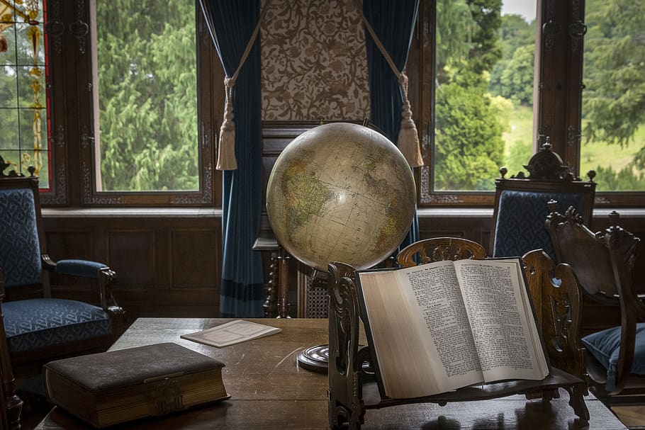 castle, work rooms, book, globe, window views, old, table, day, wood - material, indoors