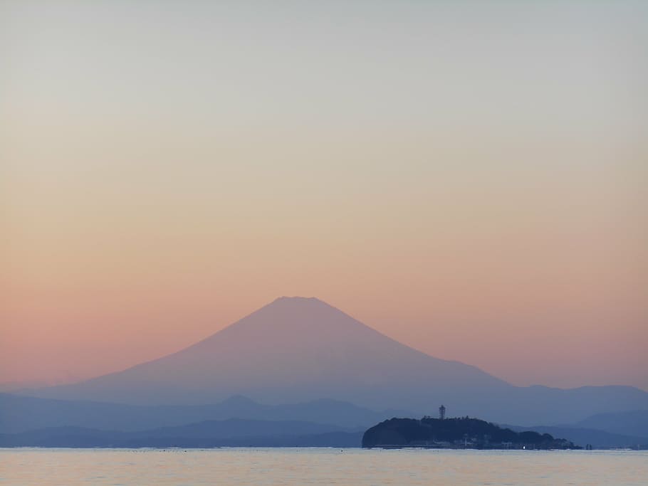 silhouette, mountain, sunset, mt fuji, sea, enoshima, evening, landscape, japan, nature