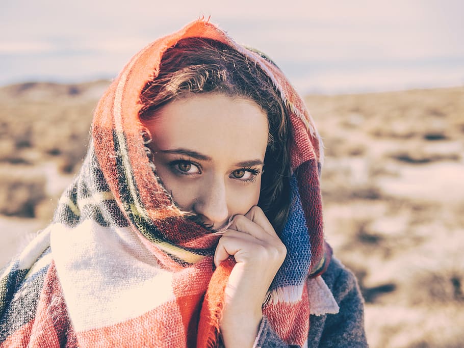 selective, focus photography, woman, body, water, people, beauty, scarf, eyes, face