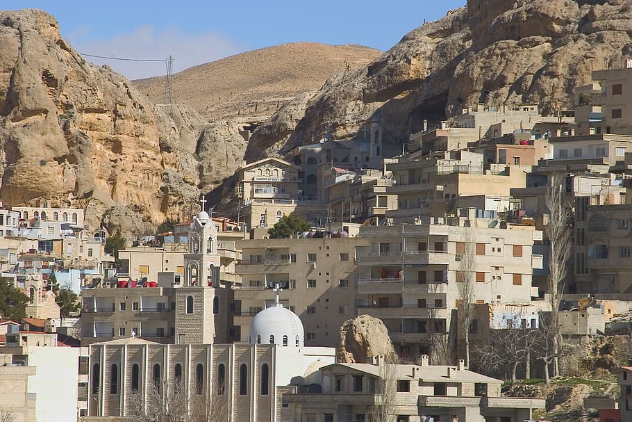 aldeias síria, seidnaya, maalola, christlisches, exterior do edifício, arquitetura, estrutura construída, construção, cidade, montanha