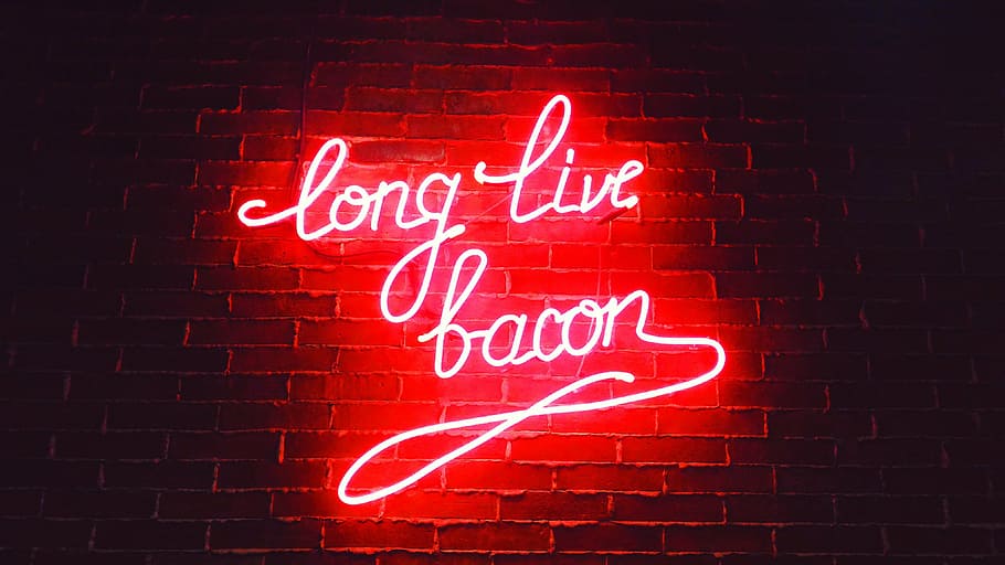 vermelho, longo, viver, bacon Sinalização com luz de neon, marrom, parede, escuro, noite, luz, loja