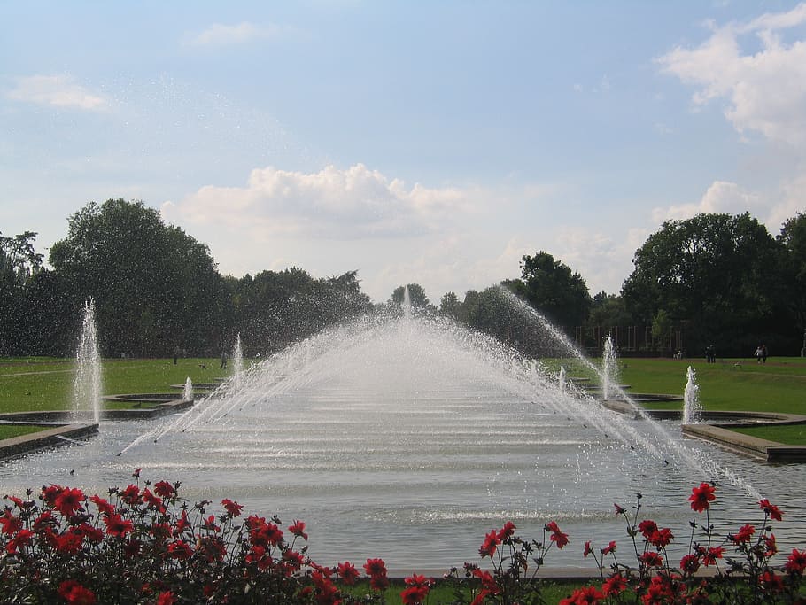 nordpark dusseldorf, fountain, water feature, water fountain, plant, sky, water, spraying, cloud - sky, tree