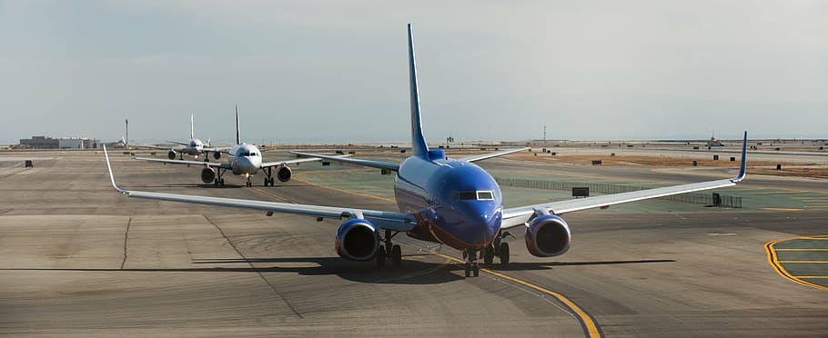 blue, commercial, plane, runway, jets, airport, planes, airplanes, aircraft, aviation