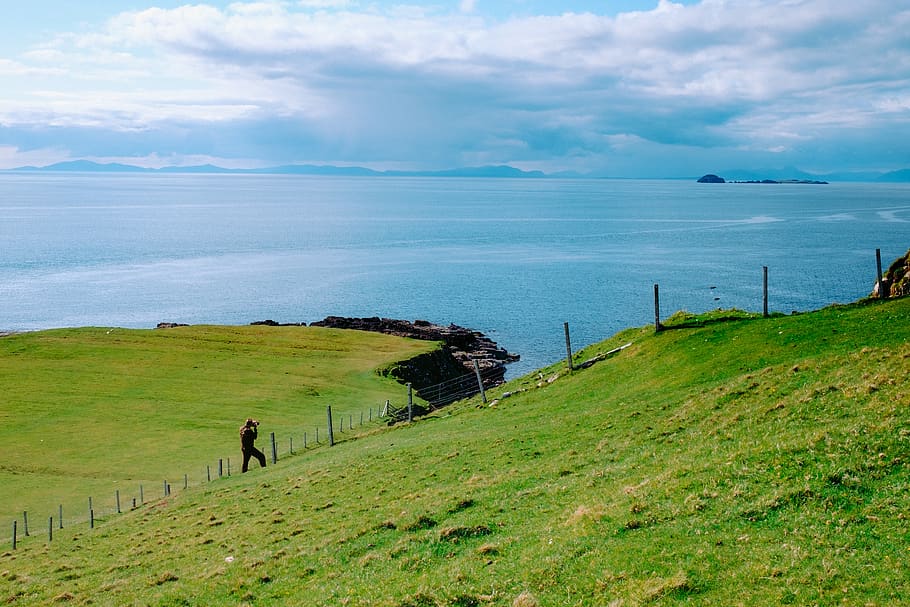 green, grass, lawn, wire, fence, sea, ocean, blue, water, highland