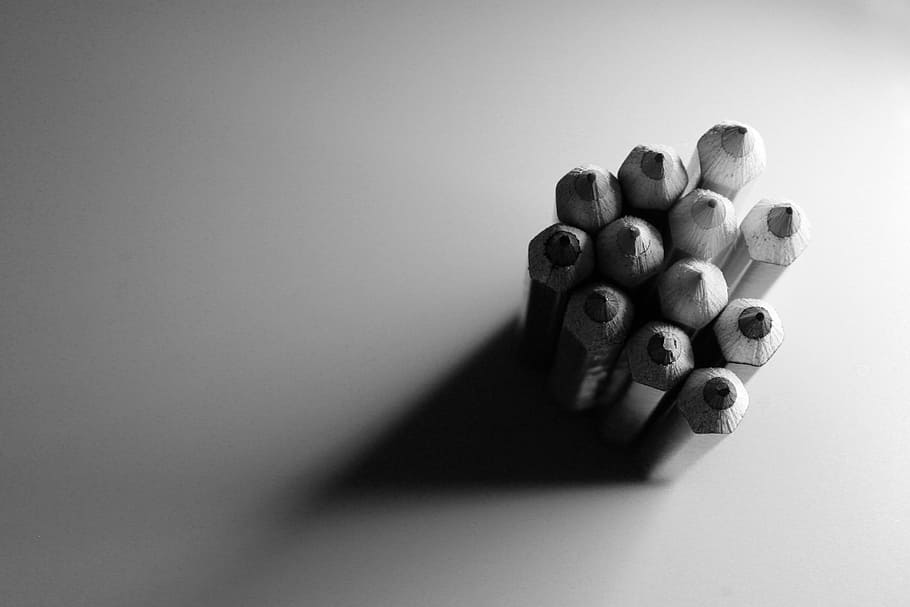grayscale photography, stack, pencils, highlight, shadow, color pencil, design, paper, pattern, white