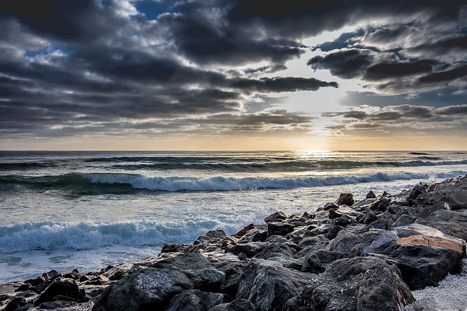 landscape photography, coastal, rocks, cloudy, sky, sunrise, beach, primorsko, bulgaria, sea