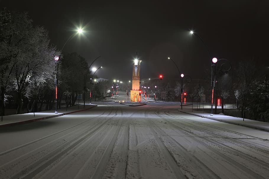 cumhuriyet university, clock tower, time, tower, university, sivas, winter, snow, night shooting, night