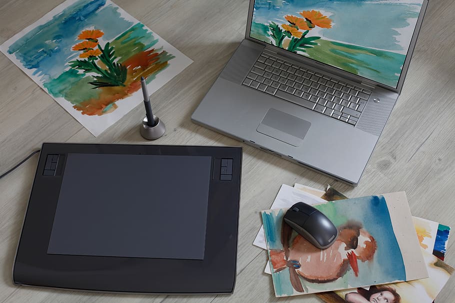 graphics tablet, digital drawing, computer, technology, laptop, pen, work, painting, macbook, drawing tablet