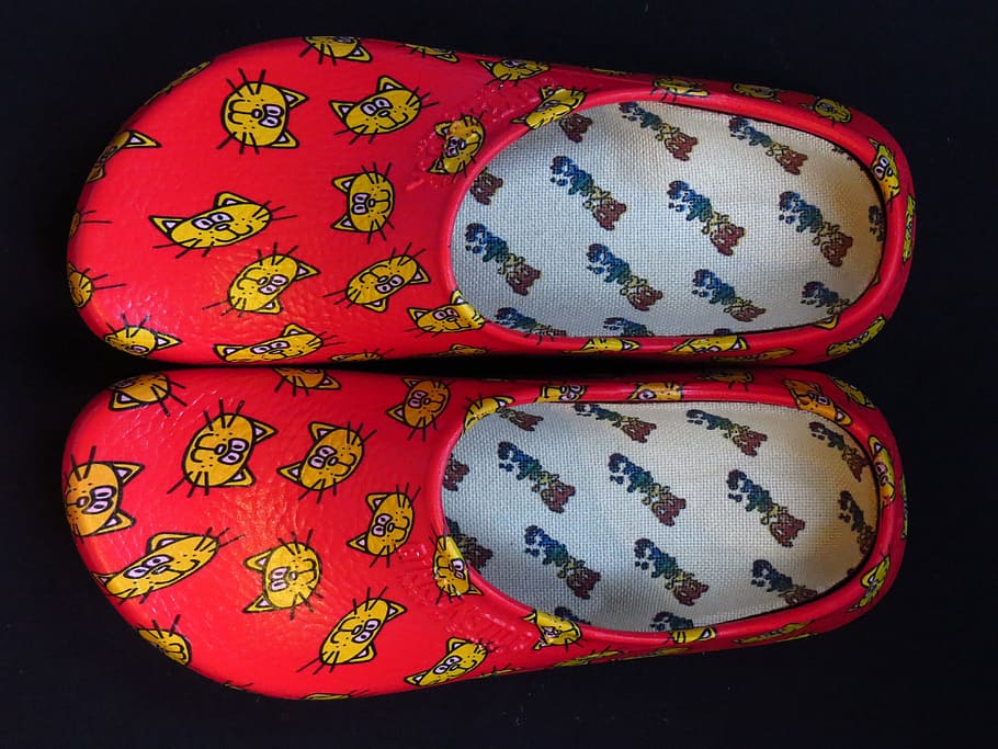 pair, red-and-yellow, slip-on shoes, shoe, slipper, clog, shoes, slippers, dutch, red