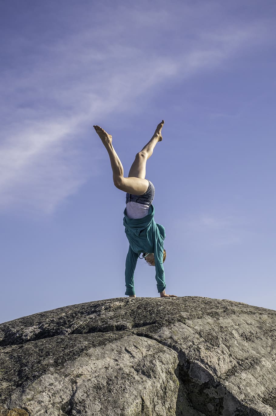 handstand, young woman, windy, brave, bold, gymnast, mountain, mount monadnock, sky, solid