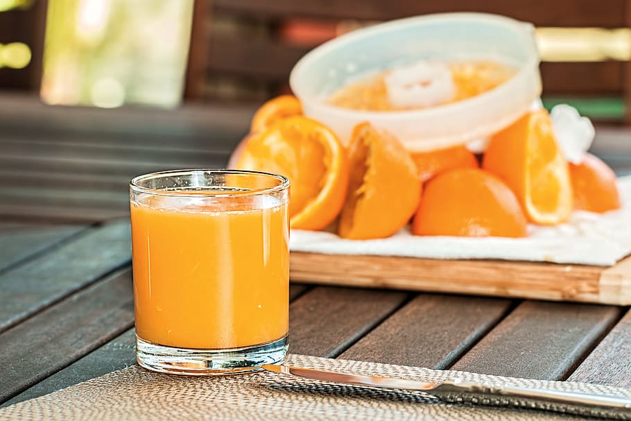 orange, juice, fruits, brown, wooden, table, fresh orange juice, squeezed, refreshing, citrus