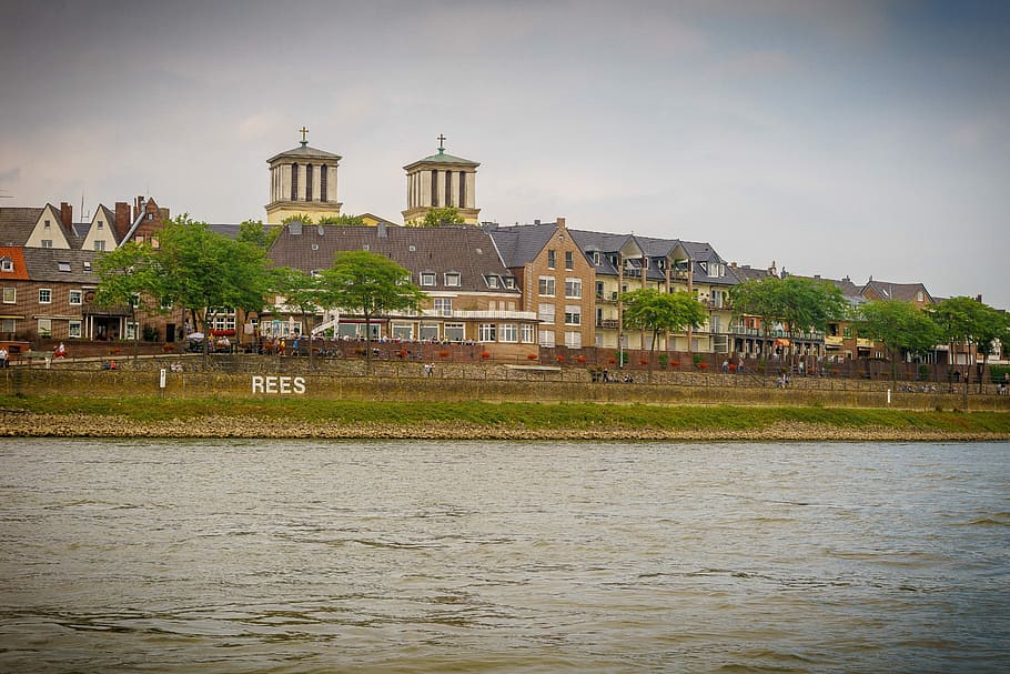 rees, city, rhine, church, water, river, rhine panorama, germany, architecture, building exterior