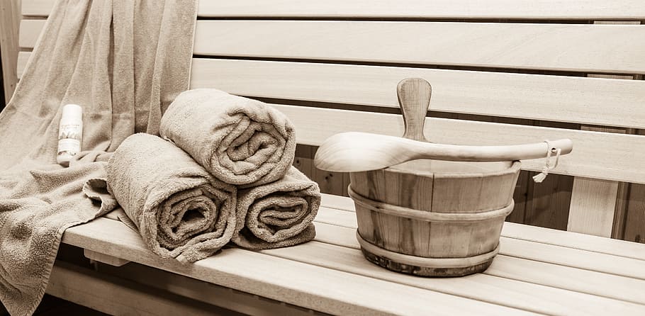 wooden, bucket, bench, sauna, relaxation, sweating bath, wood sauna, wellness, finnish sauna, leisure