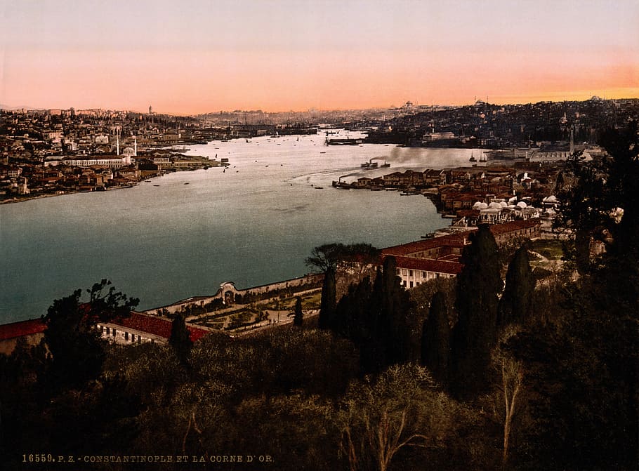 horn landscape, seen, Horn, landscape, Eyup, Istanbul, Turkey, 1890, public domain, river