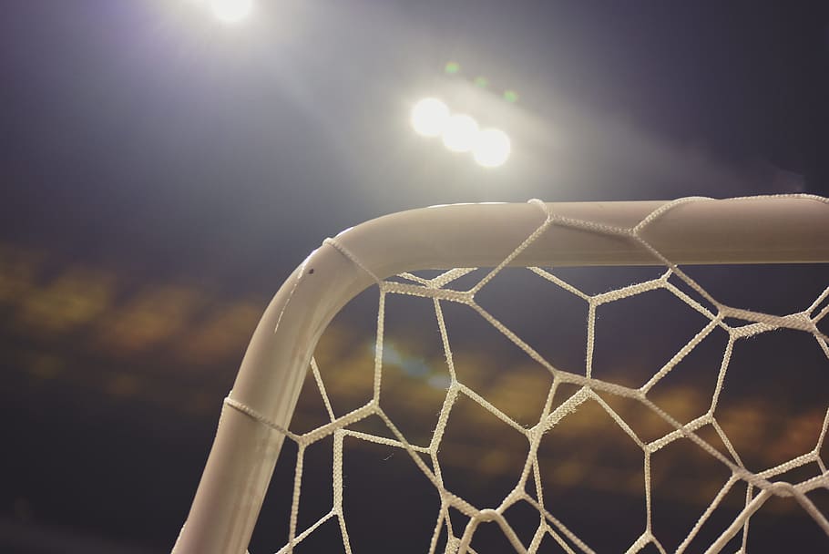 white goal net, soccer, net, sports, spotlight, primetime, night, sky, illuminated, sport